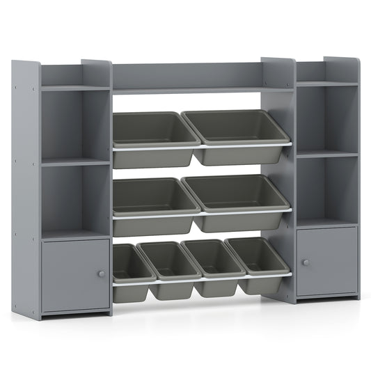 4-Tier Kids Toy Storage Organizer Shelf with 6 Cubbies and 8 Removable Bins-Grey
