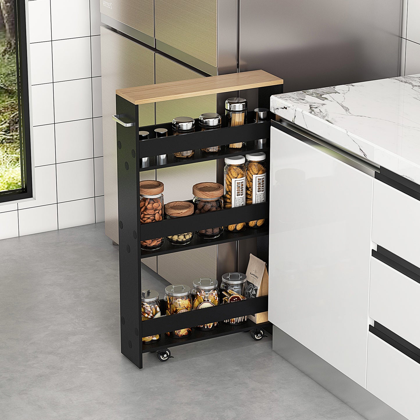 4-Tier Slim Storage Cart with Open Shelves for Kitchen Living Room-Black