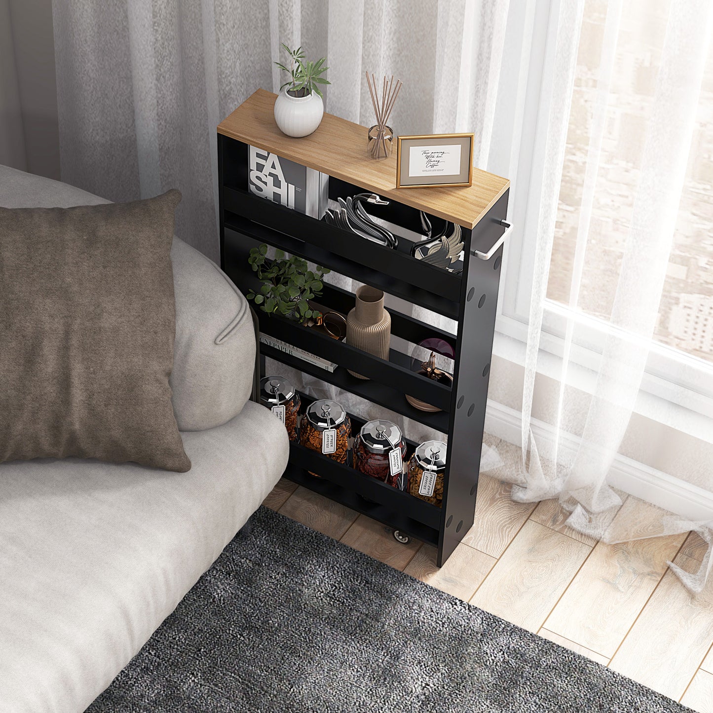 4-Tier Slim Storage Cart with Open Shelves for Kitchen Living Room-Black