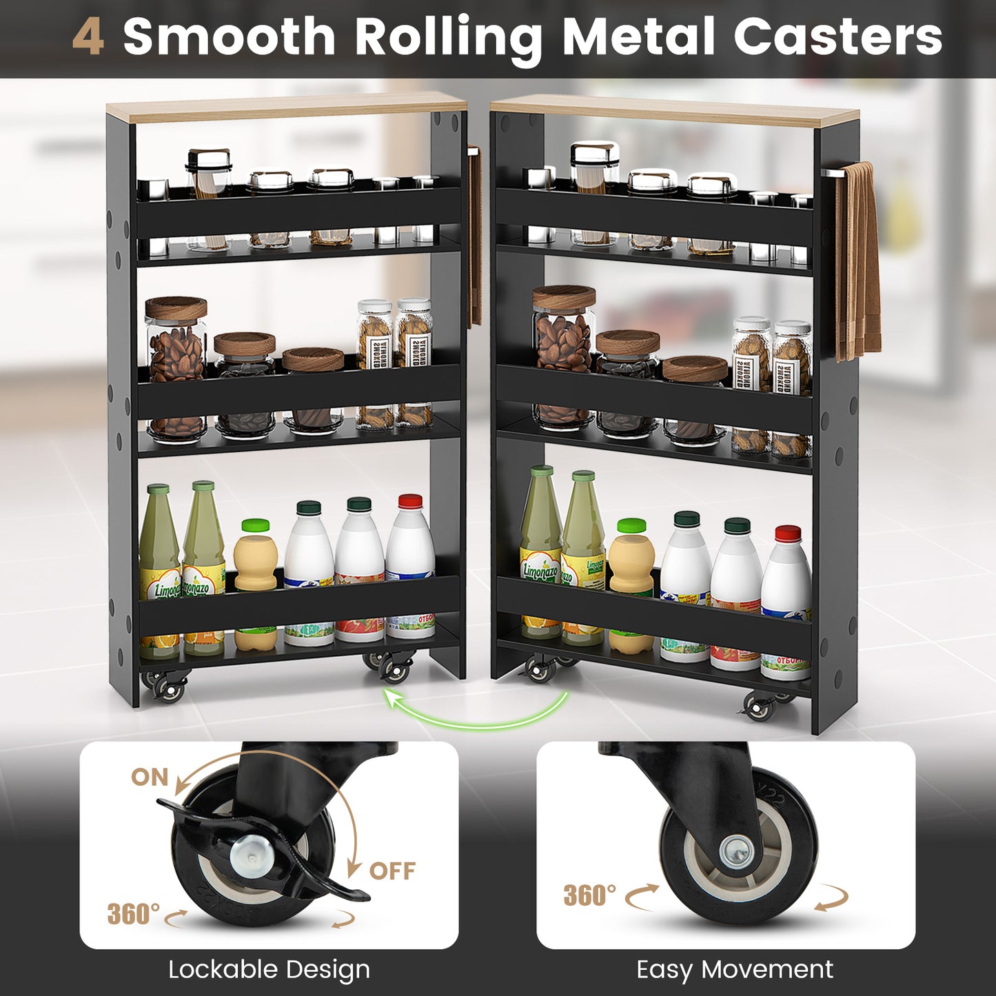 4-Tier Slim Storage Cart with Open Shelves for Kitchen Living Room-Black