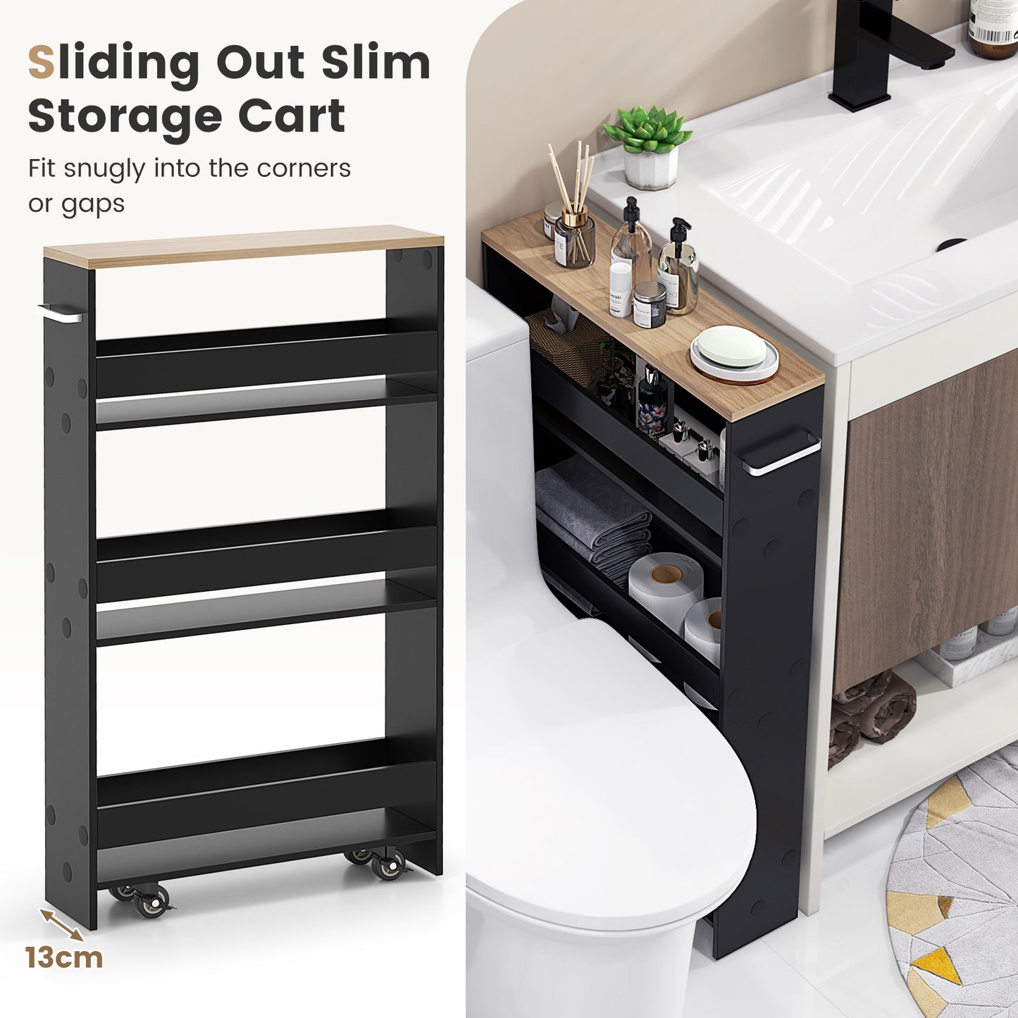4-Tier Slim Storage Cart with Open Shelves for Kitchen Living Room-Black