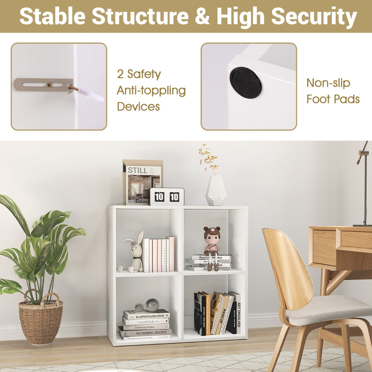 4-Cube Freestanding Floor Bookcase with Anti-toppling Devices-White