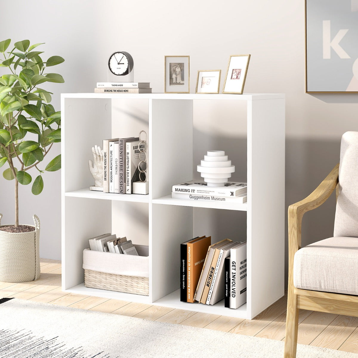 4-Cube Freestanding Floor Bookcase with Anti-toppling Devices-White