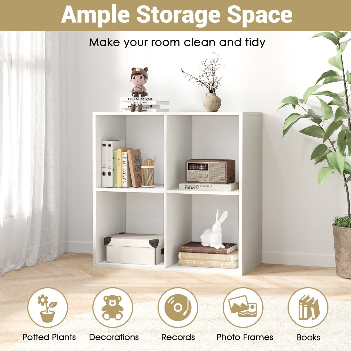 4-Cube Freestanding Floor Bookcase with Anti-toppling Devices-White