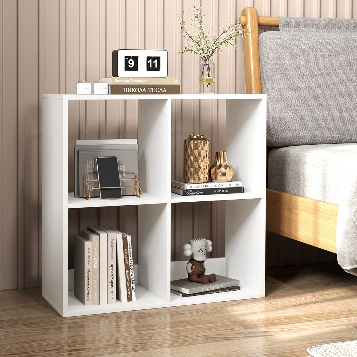 4-Cube Freestanding Floor Bookcase with Anti-toppling Devices-White