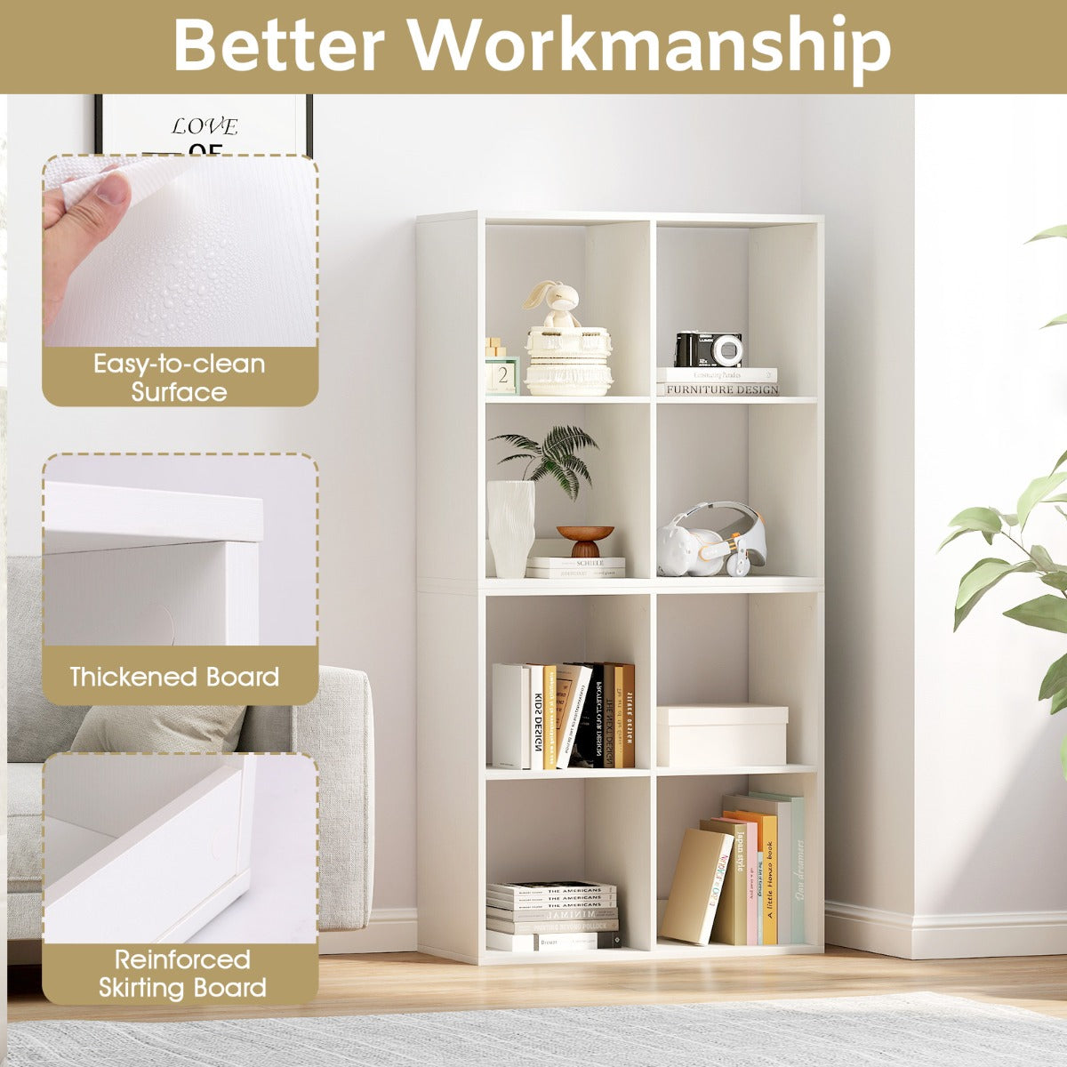 4-Cube Freestanding Floor Bookcase with Anti-toppling Devices-White