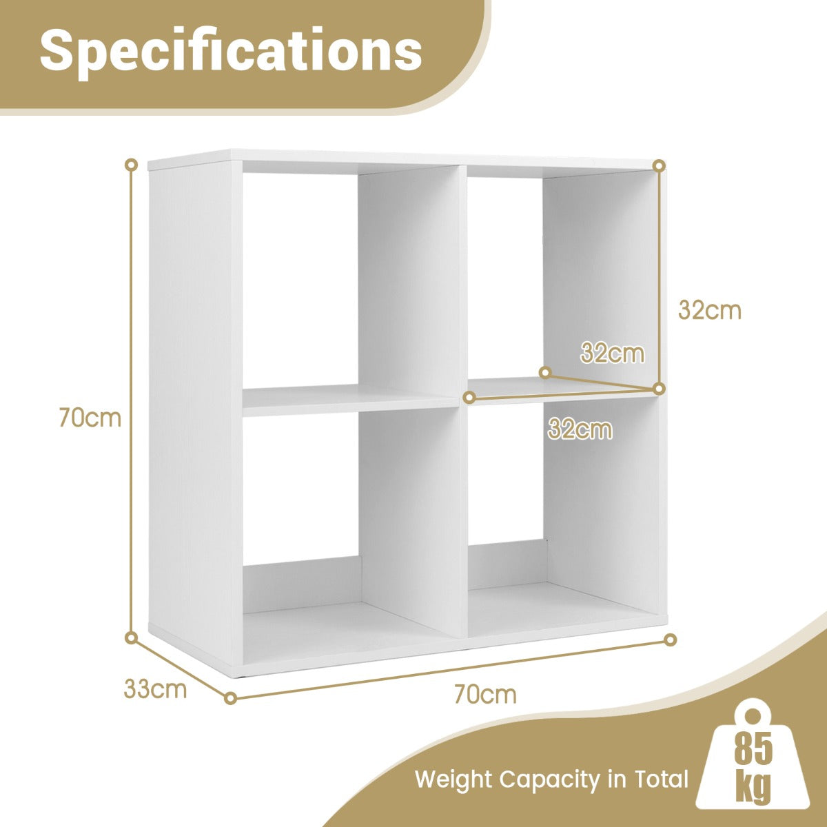4-Cube Freestanding Floor Bookcase with Anti-toppling Devices-White