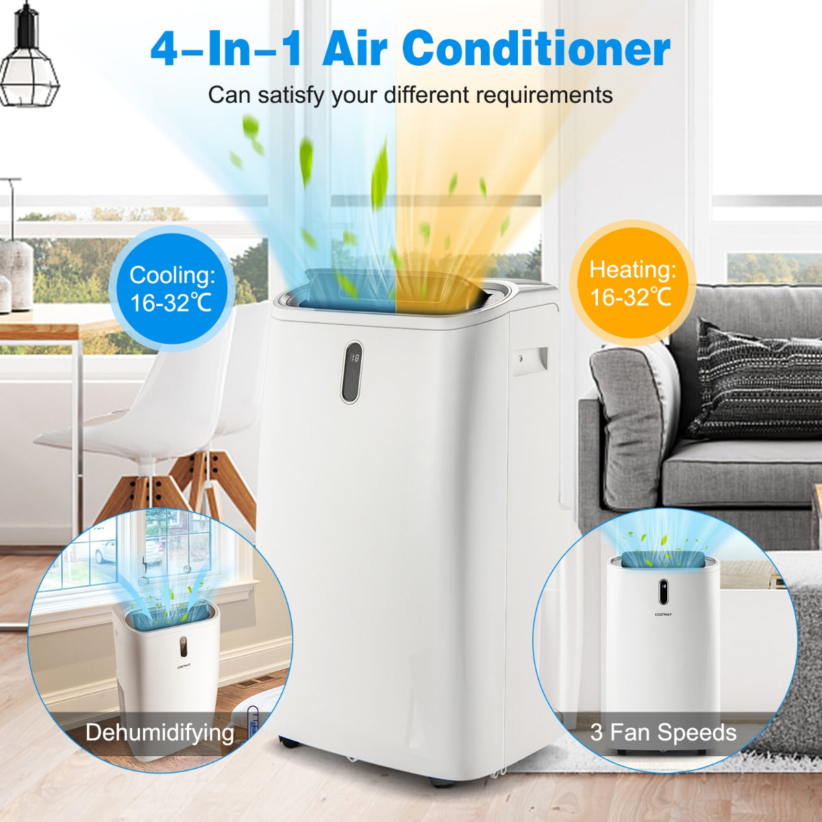 Portable air conditioner offers three fan speeds and temperature adjustment from 16 to 32 degrees