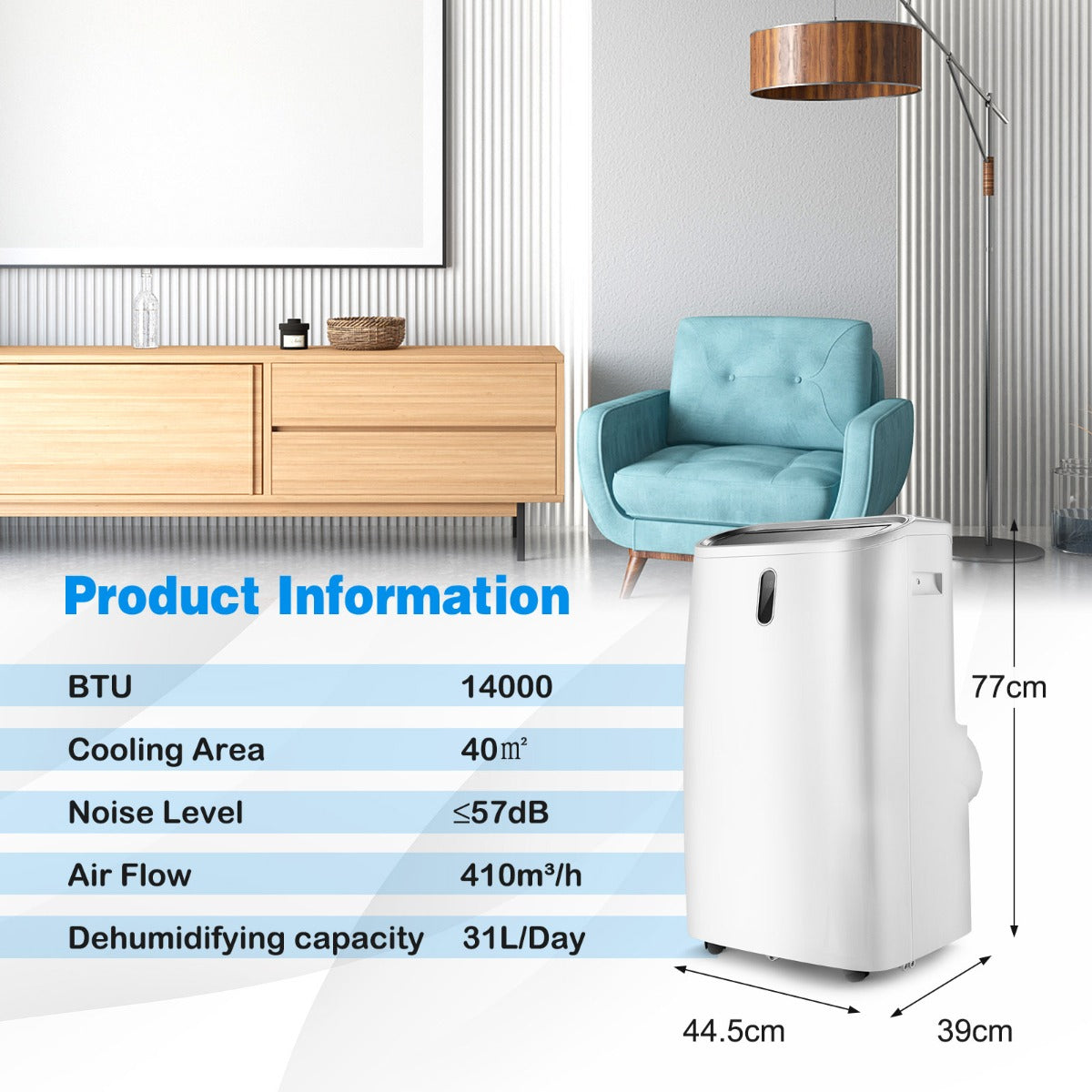 14,000 BTU portable air conditioner cools rooms up to 40 square meters efficiently