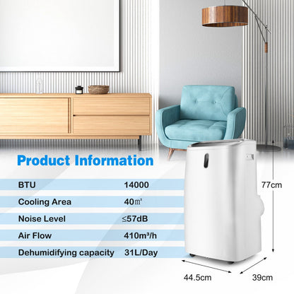 14,000 BTU portable air conditioner cools rooms up to 40 square meters efficiently