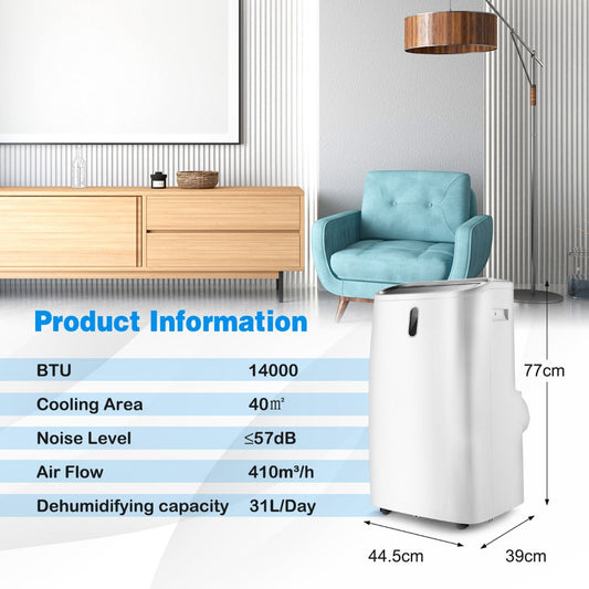 14,000 BTU portable air conditioner cools rooms up to 40 square meters efficiently