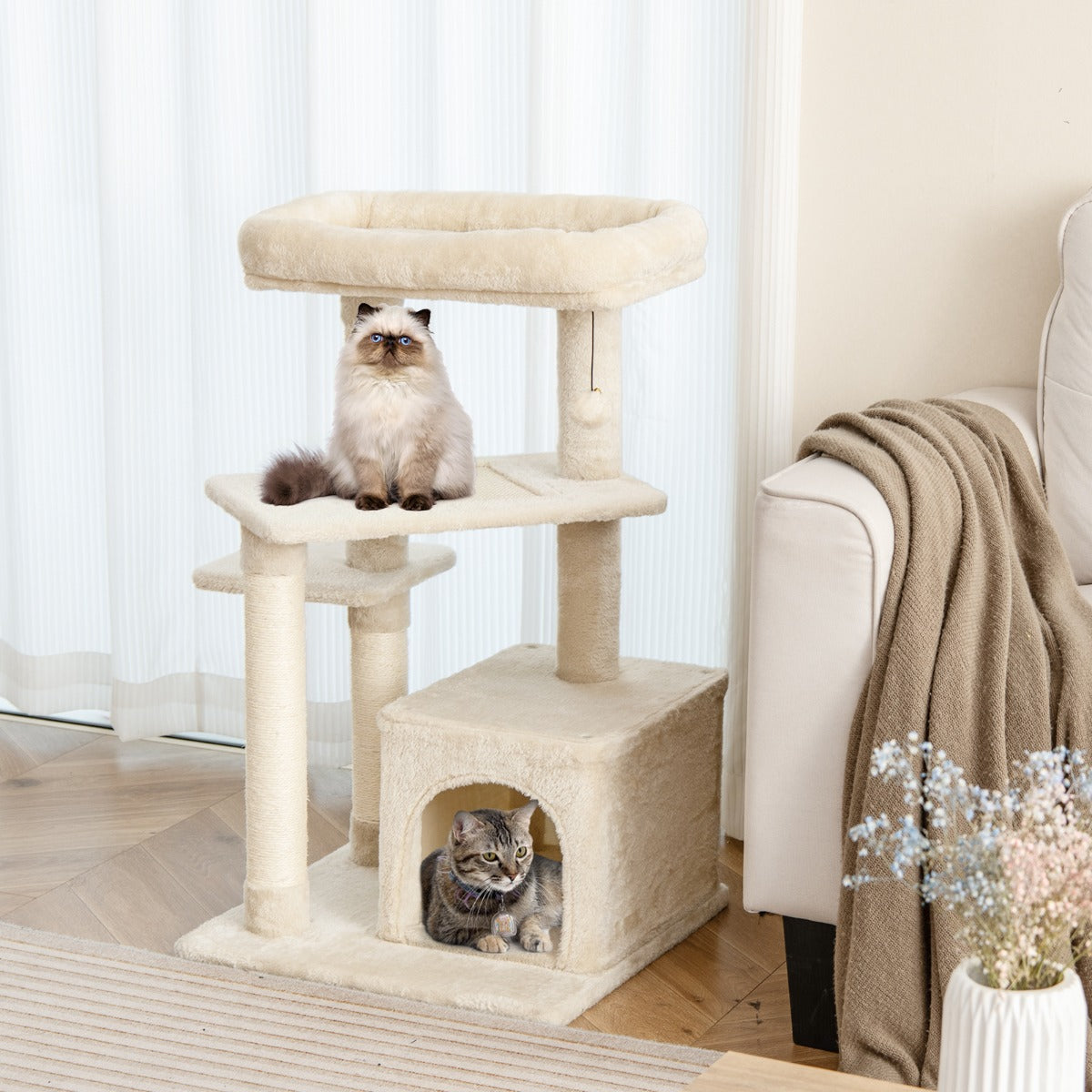 Indoor Plush 4-Layer Cat Tree with Scratching Posts for Pet-Beige