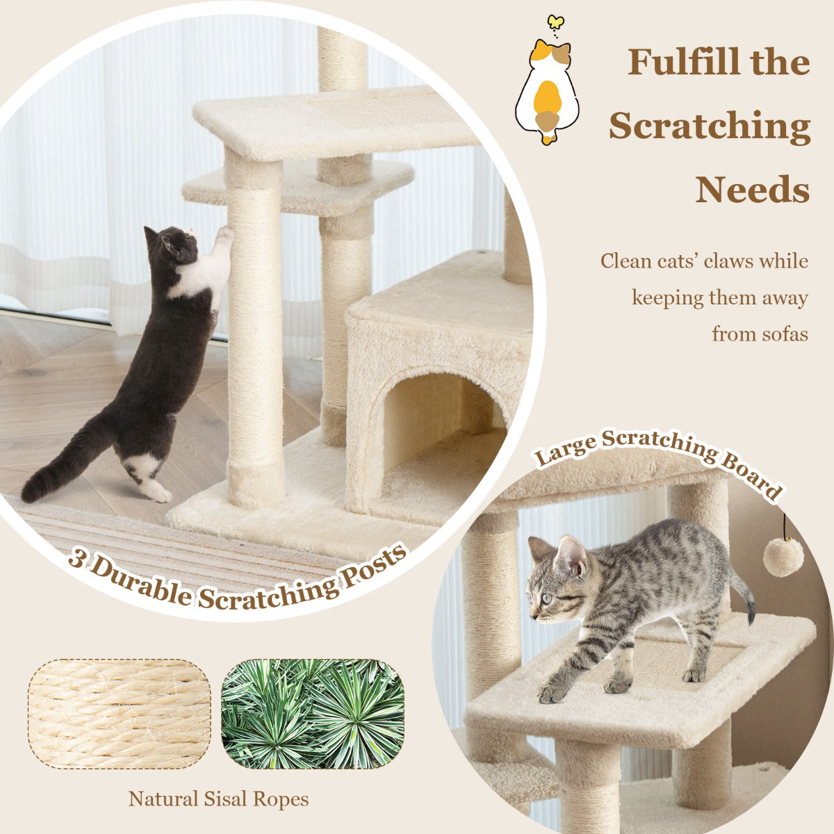 Indoor Plush 4-Layer Cat Tree with Scratching Posts for Pet-Beige
