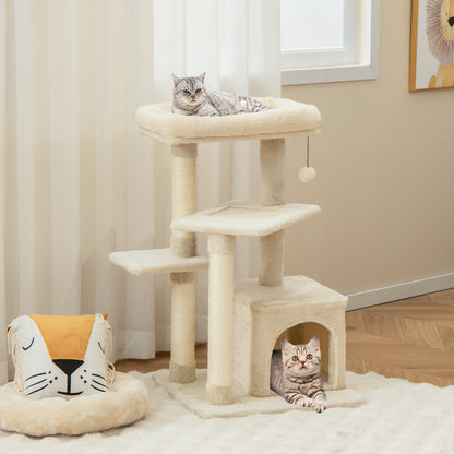 Indoor Plush 4-Layer Cat Tree with Scratching Posts for Pet-Beige