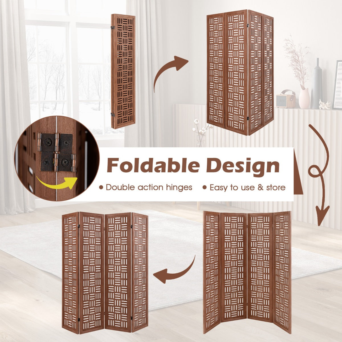 Costway 4/6-Panel 165cm Folding Room Divider Partition Stand with Solid Wood Frame-4 panel