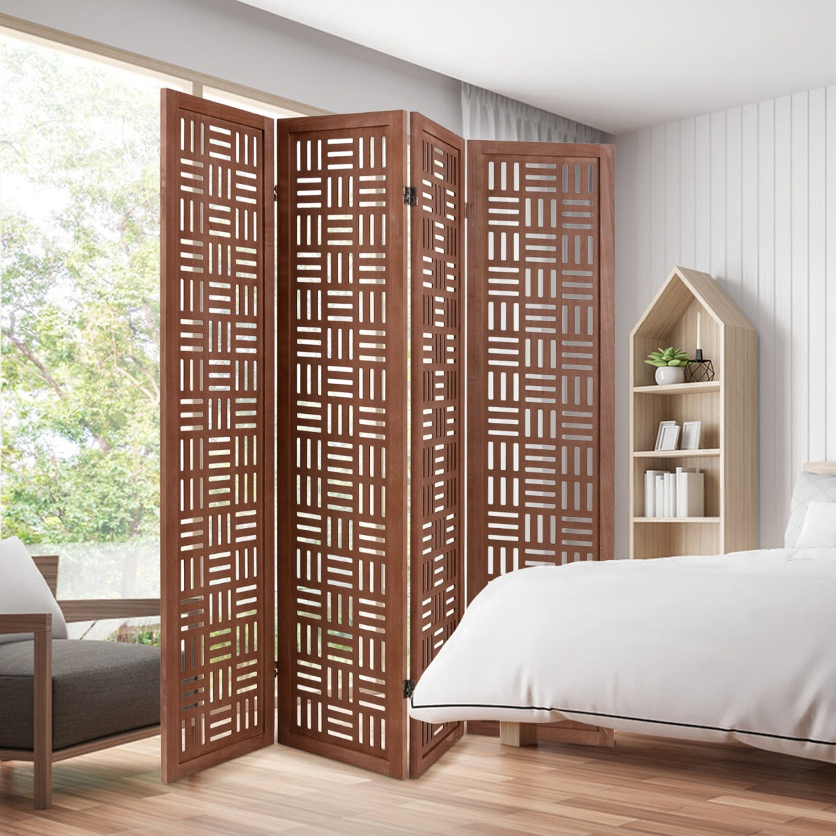 Costway 4/6-Panel 165cm Folding Room Divider Partition Stand with Solid Wood Frame-4 panel