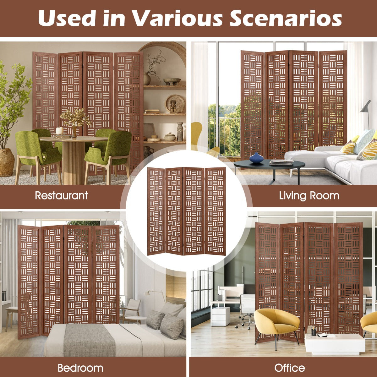 Costway 4/6-Panel 165cm Folding Room Divider Partition Stand with Solid Wood Frame-4 panel