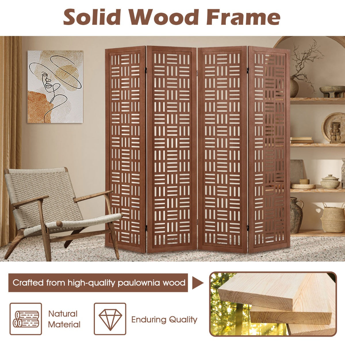 Costway 4/6-Panel 165cm Folding Room Divider Partition Stand with Solid Wood Frame-4 panel