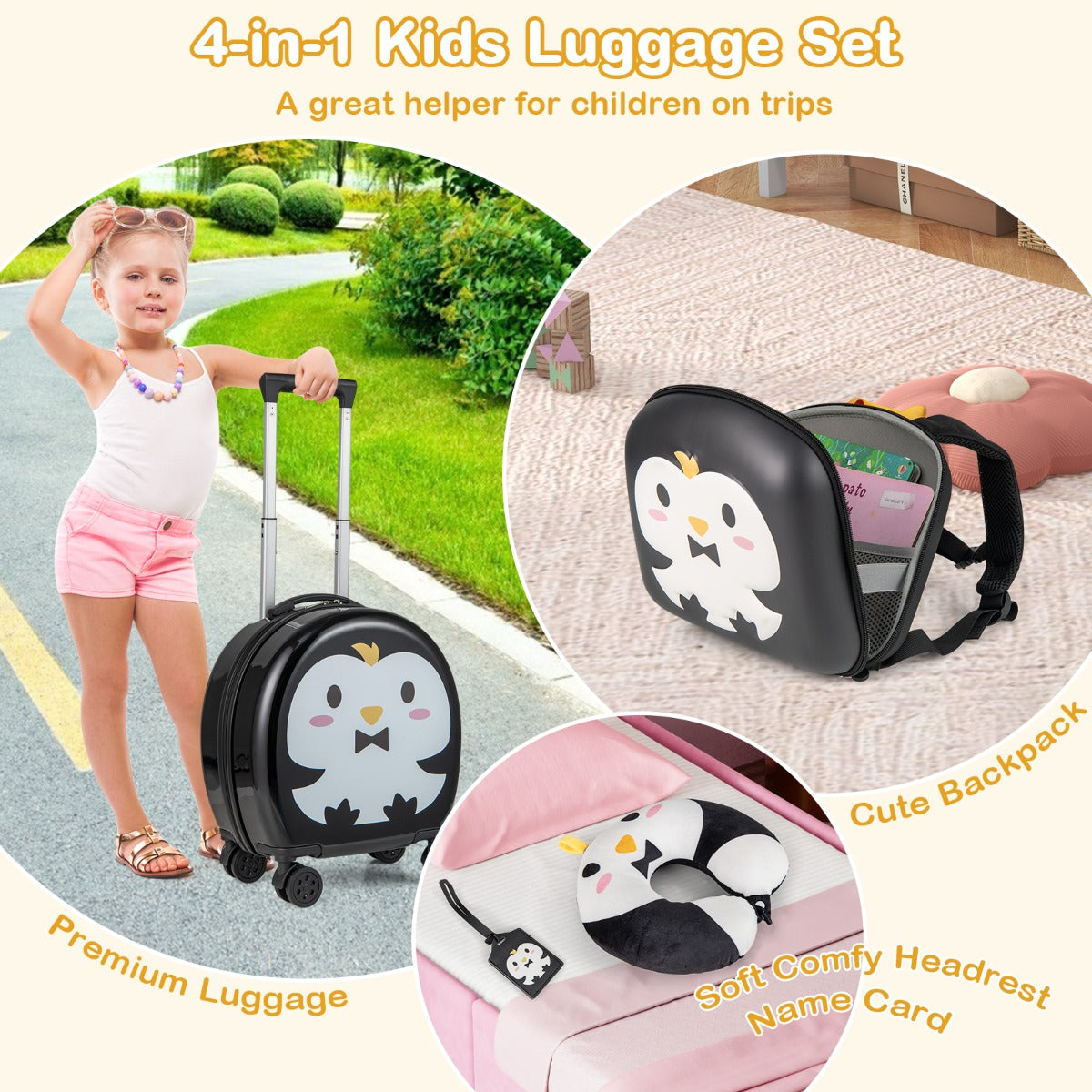 4-Piece Kids Luggage Suitcase Set with 14 Inch Hardside Spinner-Black