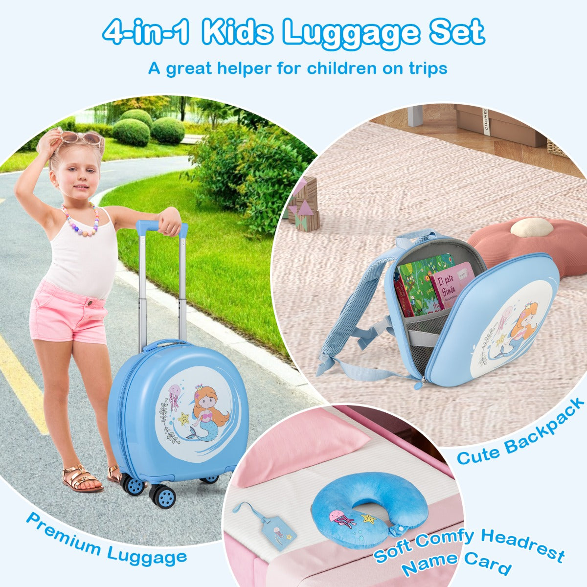 4-Piece Kids Luggage Suitcase Set with 14 Inch Hardside Spinner-Blue