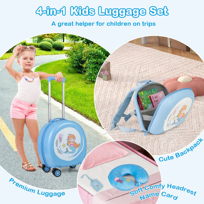 4-Piece Kids Luggage Suitcase Set with 14 Inch Hardside Spinner-Blue