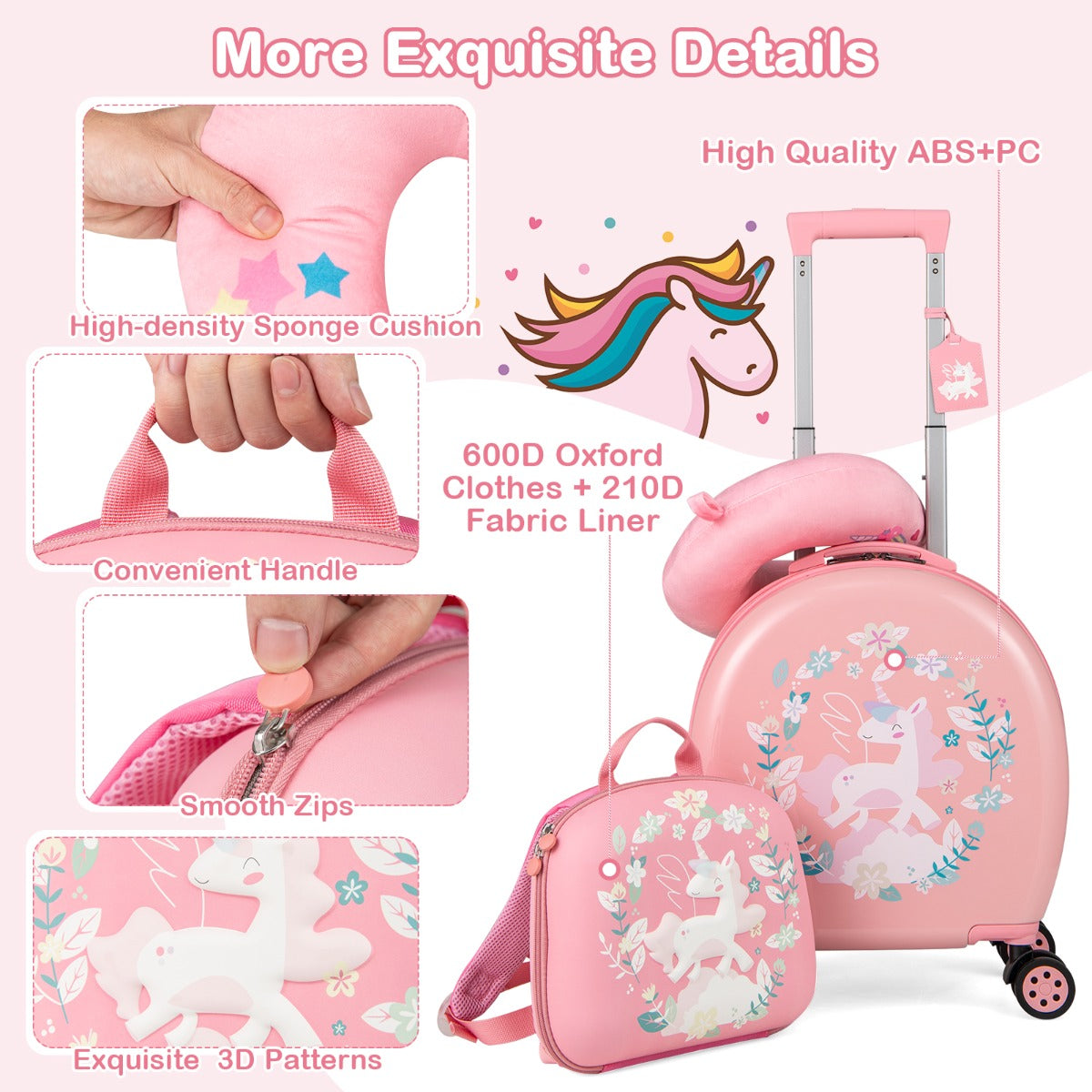 4-Piece Kids Luggage Suitcase Set with 14 Inch Hardside Spinner-Pink