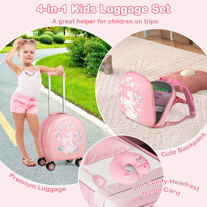 4-Piece Kids Luggage Suitcase Set with 14 Inch Hardside Spinner-Pink