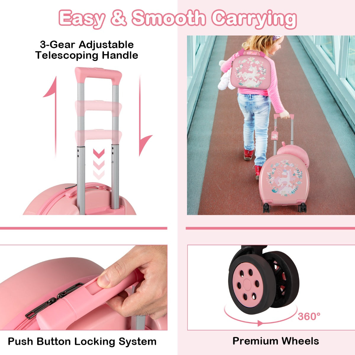 4-Piece Kids Luggage Suitcase Set with 14 Inch Hardside Spinner-Pink