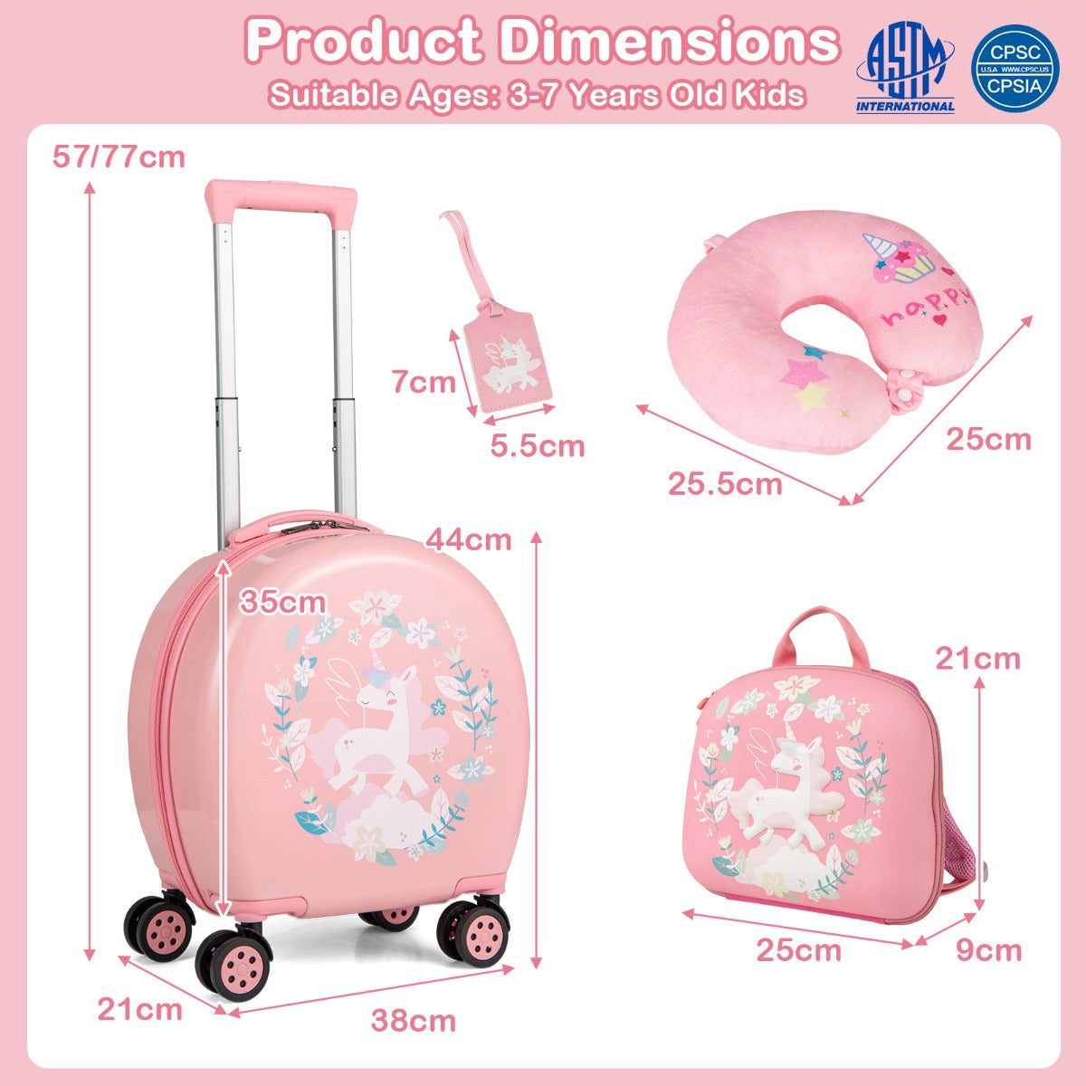 4-Piece Kids Luggage Suitcase Set with 14 Inch Hardside Spinner-Pink