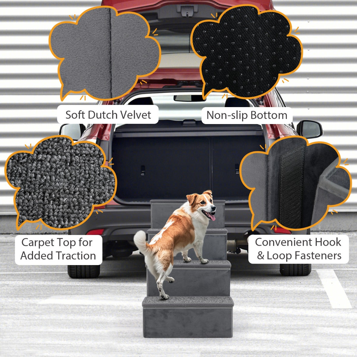 4-Step Non-slip Foldable Dog Ramp with Adjustable Steps-Grey