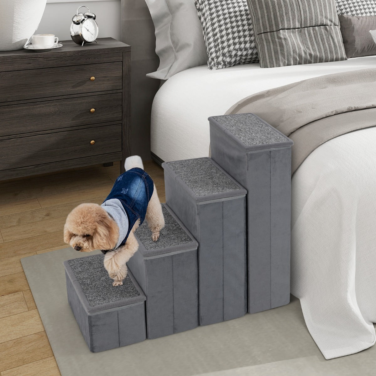 4-Step Non-slip Foldable Dog Ramp with Adjustable Steps-Grey