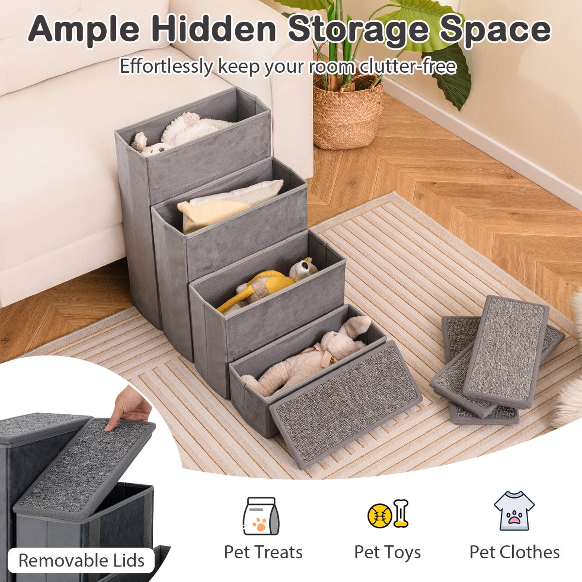 4-Step Non-slip Foldable Dog Ramp with Adjustable Steps-Grey