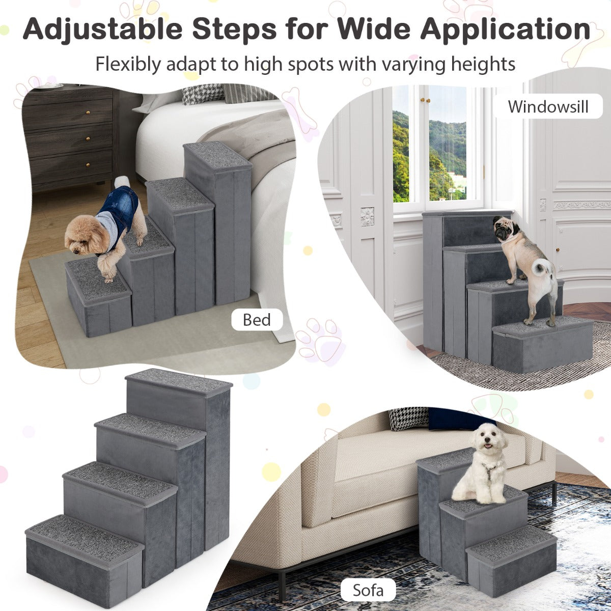 4-Step Non-slip Foldable Dog Ramp with Adjustable Steps-Grey