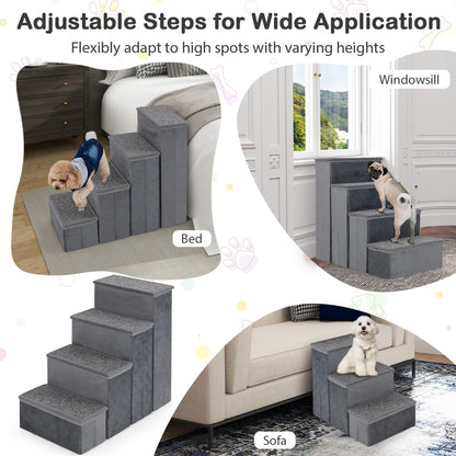 4-Step Non-slip Foldable Dog Ramp with Adjustable Steps-Grey