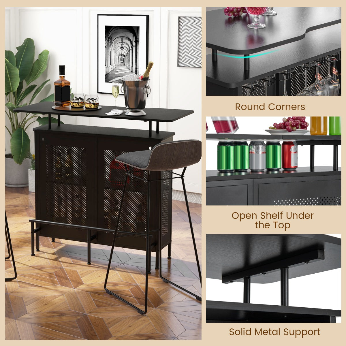 4-Tier Home Bar Unit Home Bar Cabinet with 2 Wine Storage Shelves-Black
