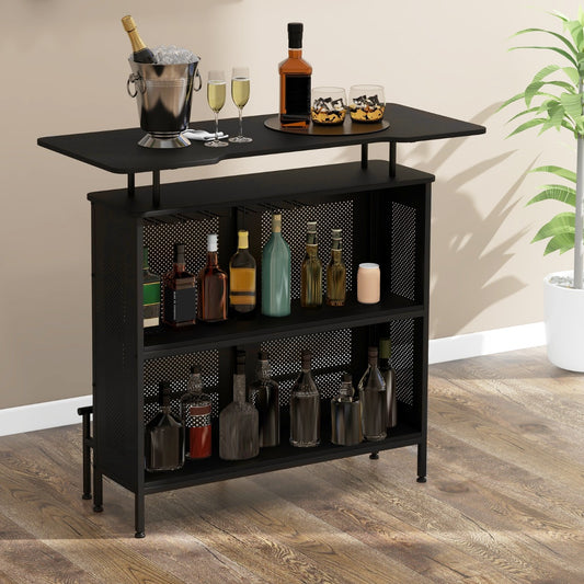 4-Tier Home Bar Unit Home Bar Cabinet with 2 Wine Storage Shelves-Black