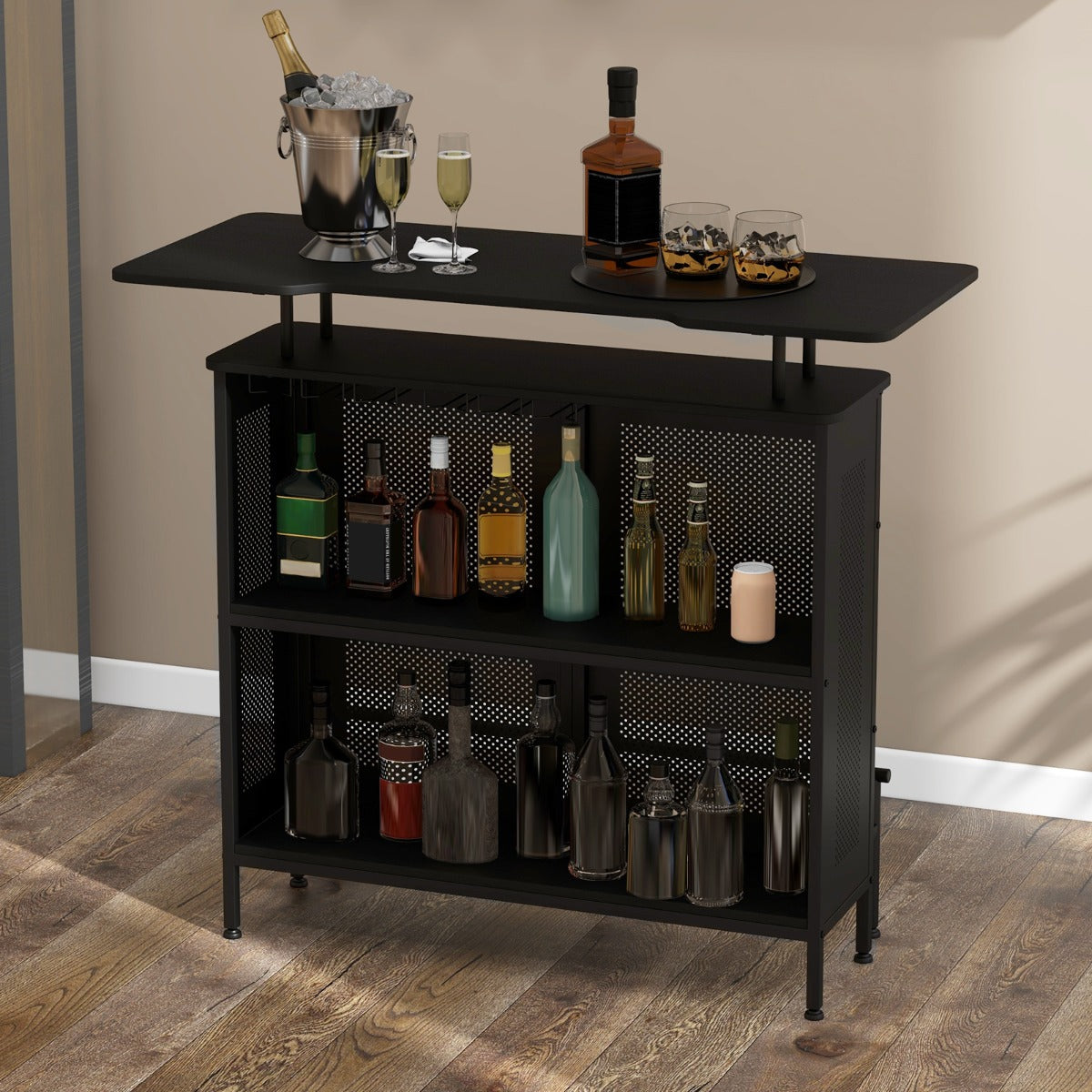 4-Tier Home Bar Unit Home Bar Cabinet with 2 Wine Storage Shelves-Black