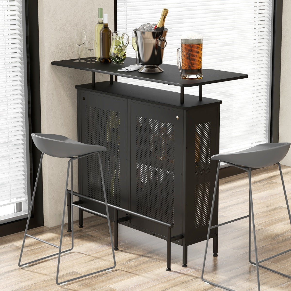 4-Tier Home Bar Unit Home Bar Cabinet with 2 Wine Storage Shelves-Black
