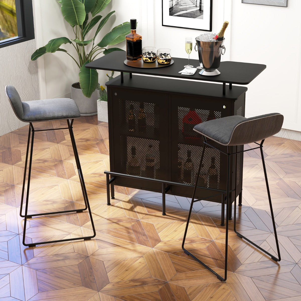 4-Tier Home Bar Unit Home Bar Cabinet with 2 Wine Storage Shelves-Black