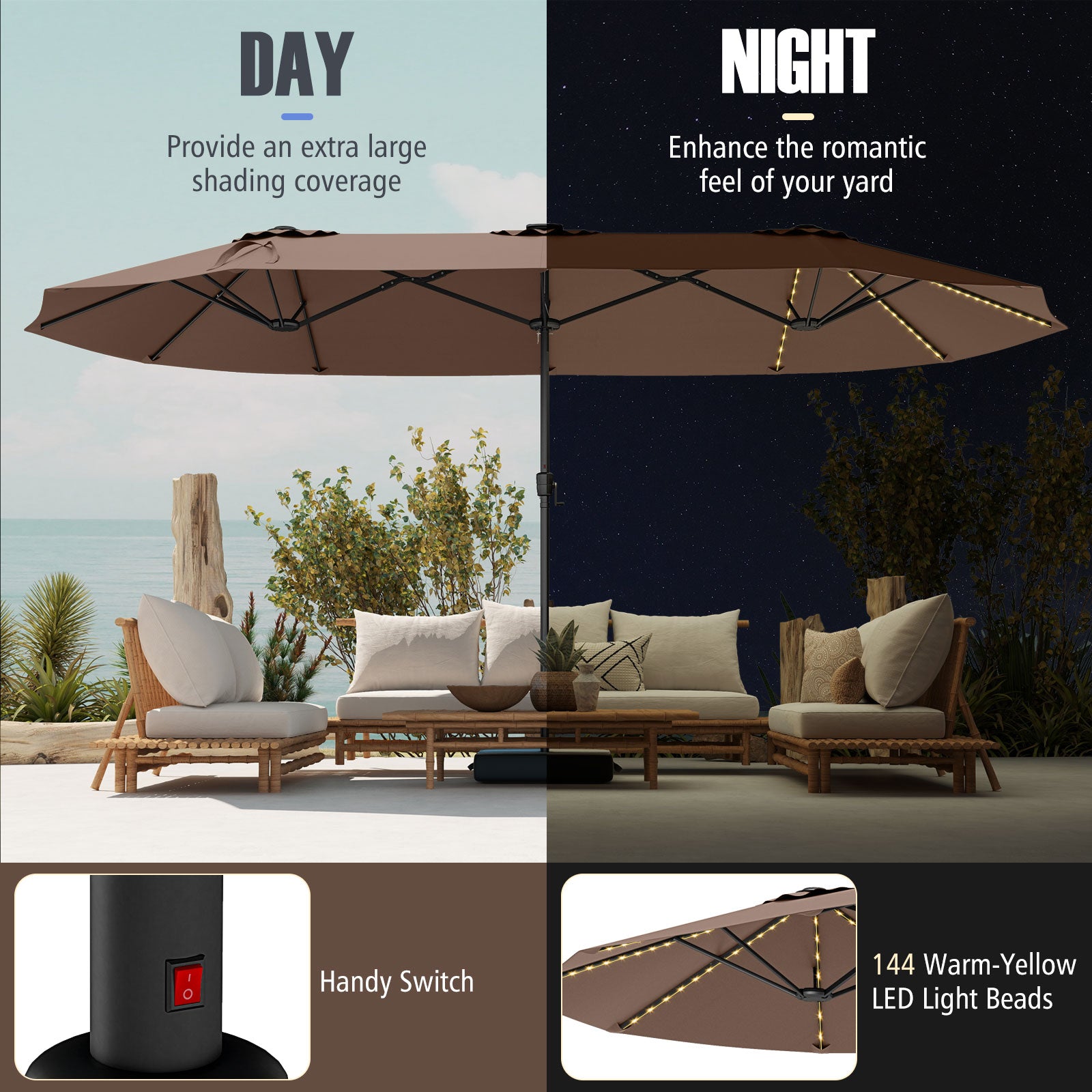 4.7 m Extra-Large Patio Umbrella with LED Solar Lights for Backyard-Coffee