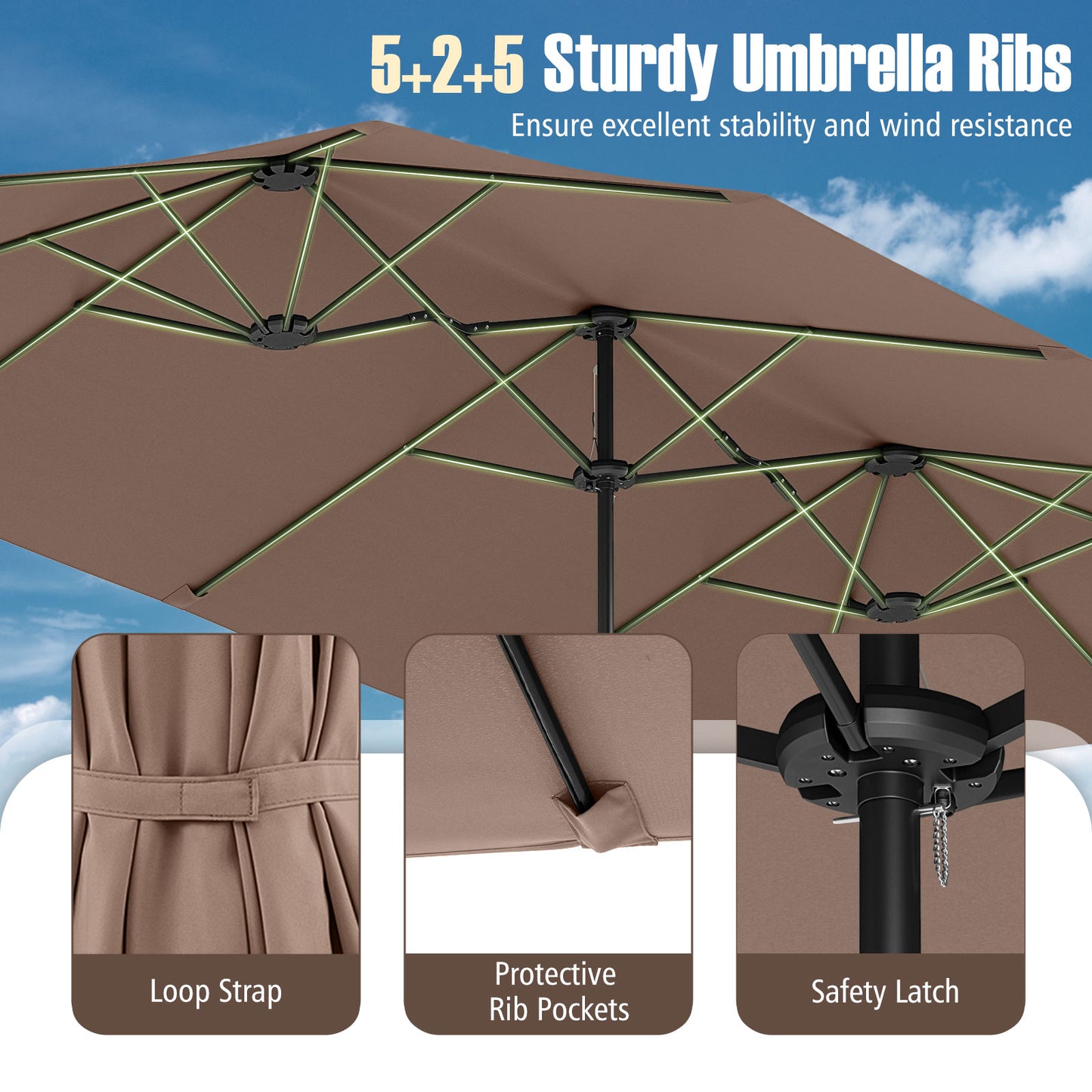 4.7 m Extra-Large Patio Umbrella with LED Solar Lights for Backyard-Coffee