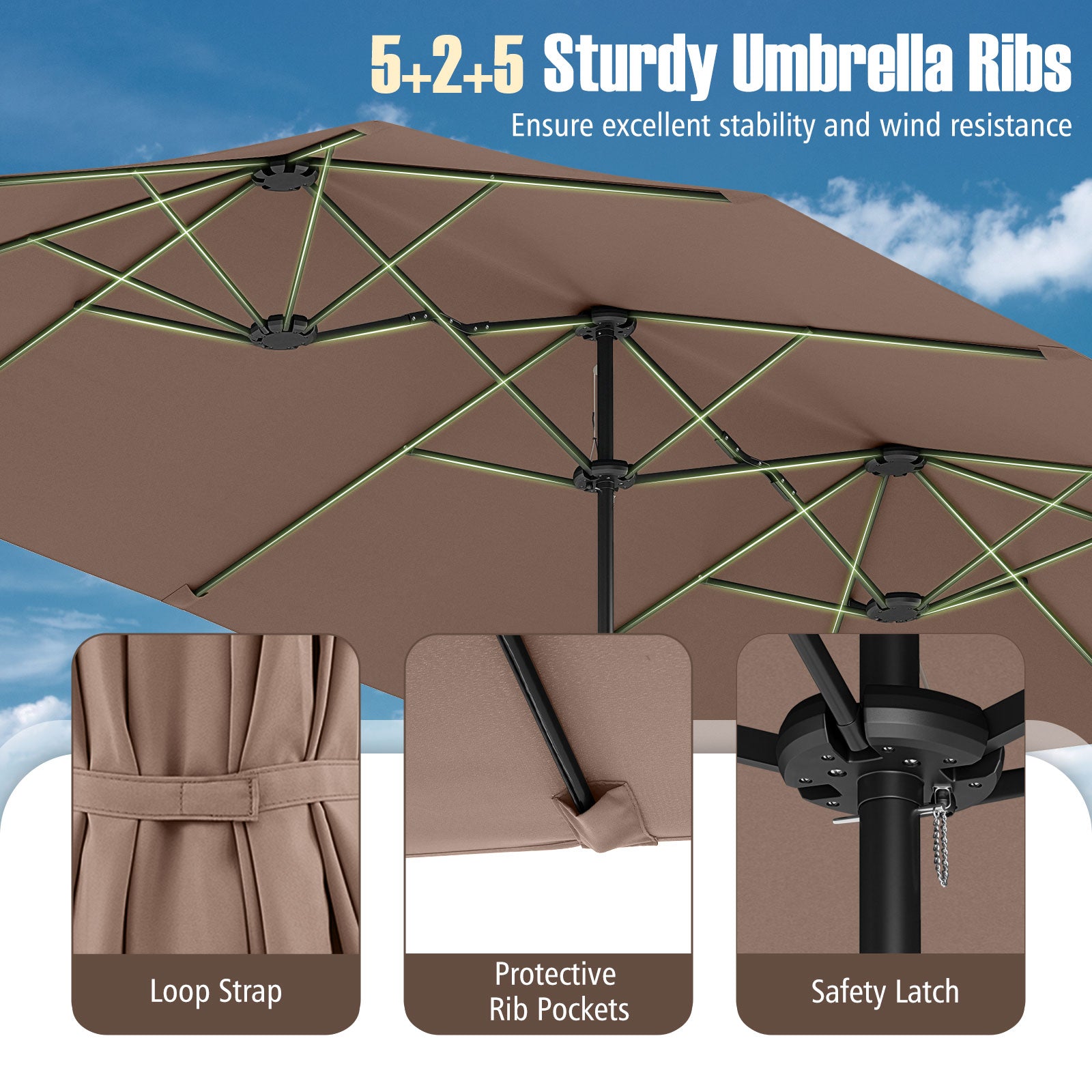 4.7 m Extra-Large Patio Umbrella with LED Solar Lights for Backyard-Coffee