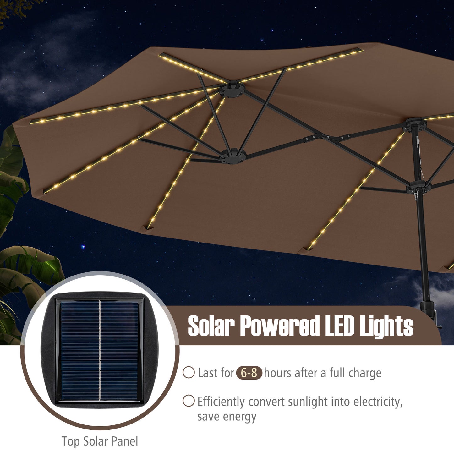 4.7 m Extra-Large Patio Umbrella with LED Solar Lights for Backyard-Coffee