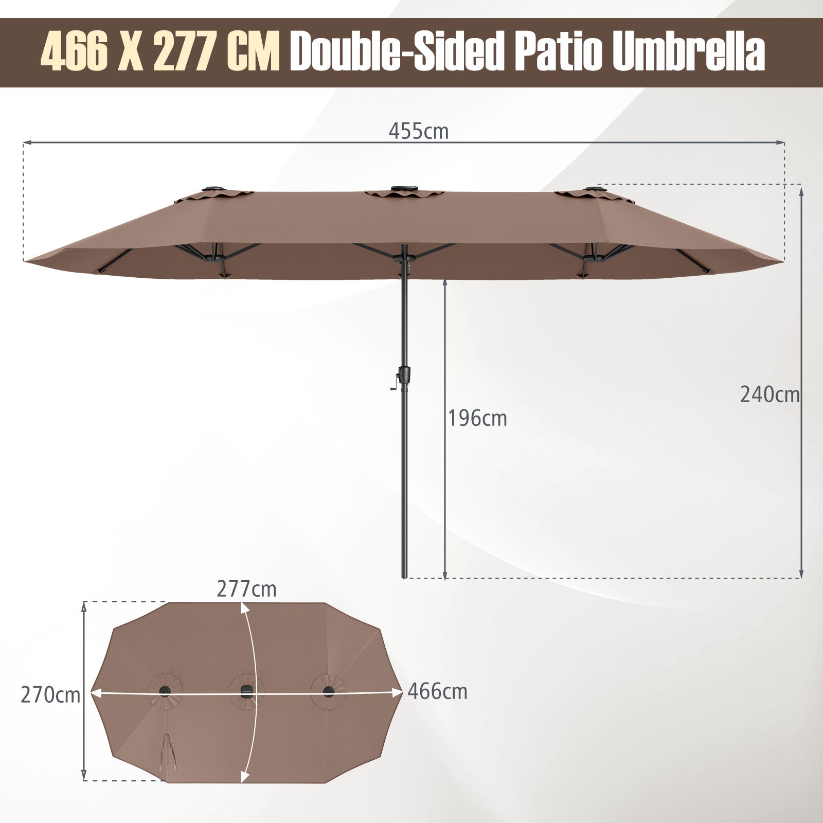4.7 m Extra-Large Patio Umbrella with LED Solar Lights for Backyard-Coffee