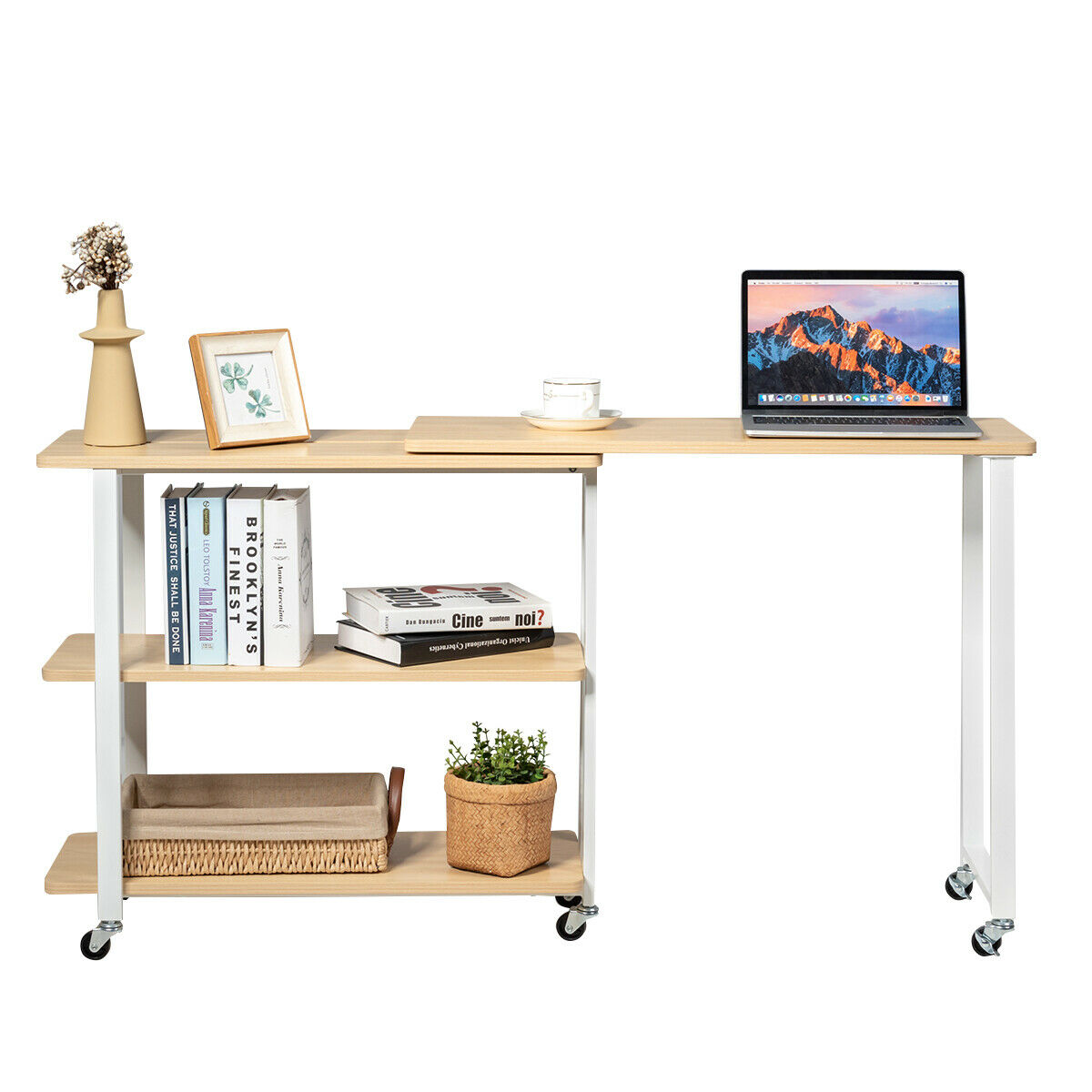 Costway L-Shape 360° Rotating Computer PC Desk Corner Table-natural