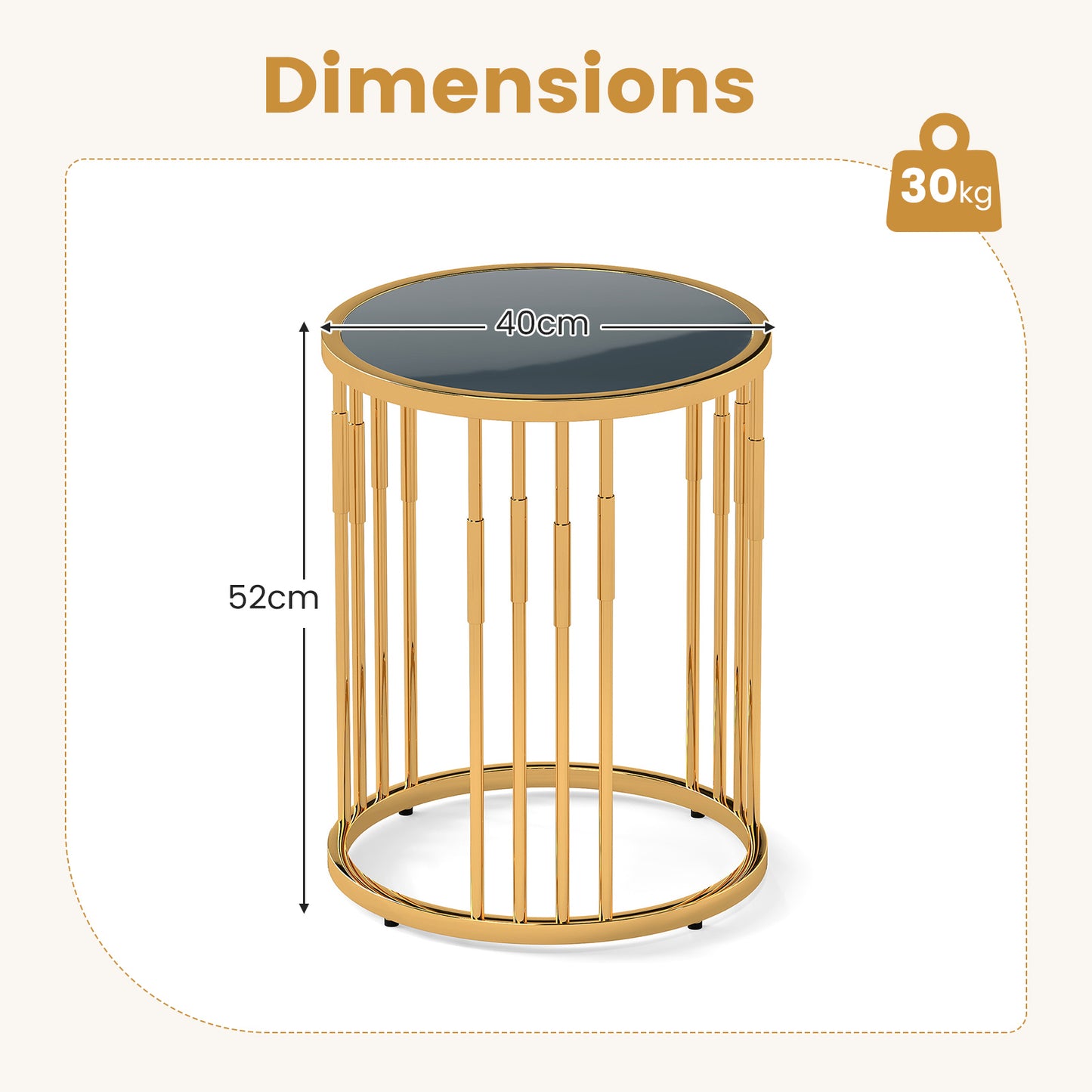 40cm Glass Coffee Table with Gold Metal Frame for Small Space-Golden