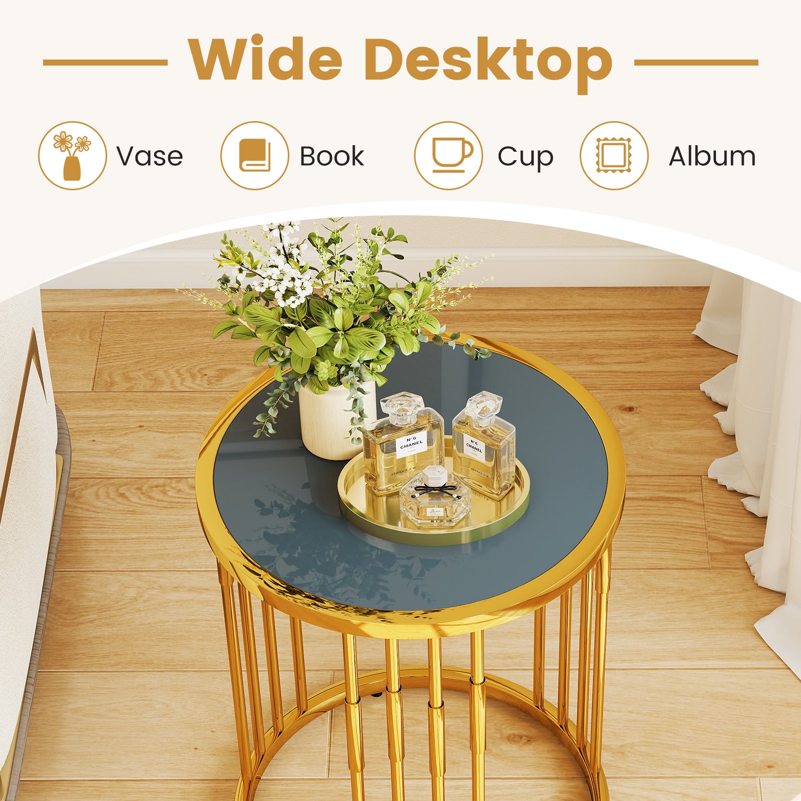 40cm Glass Coffee Table with Gold Metal Frame for Small Space-Golden