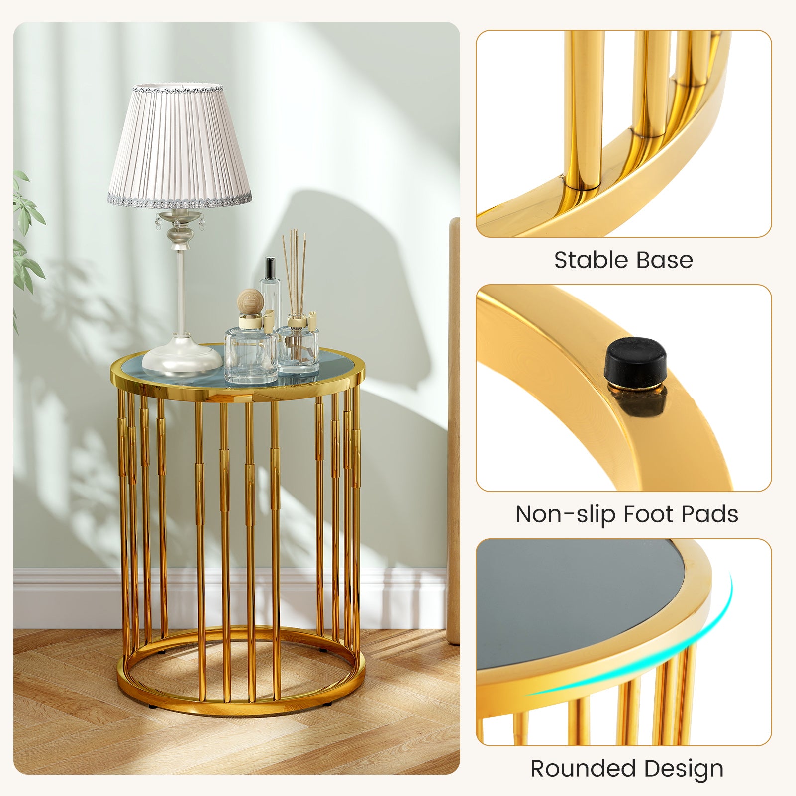 40cm Glass Coffee Table with Gold Metal Frame for Small Space-Golden