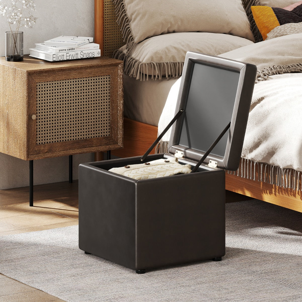 40cm PU Leather Cube Storage Ottoman with Lid-Grey