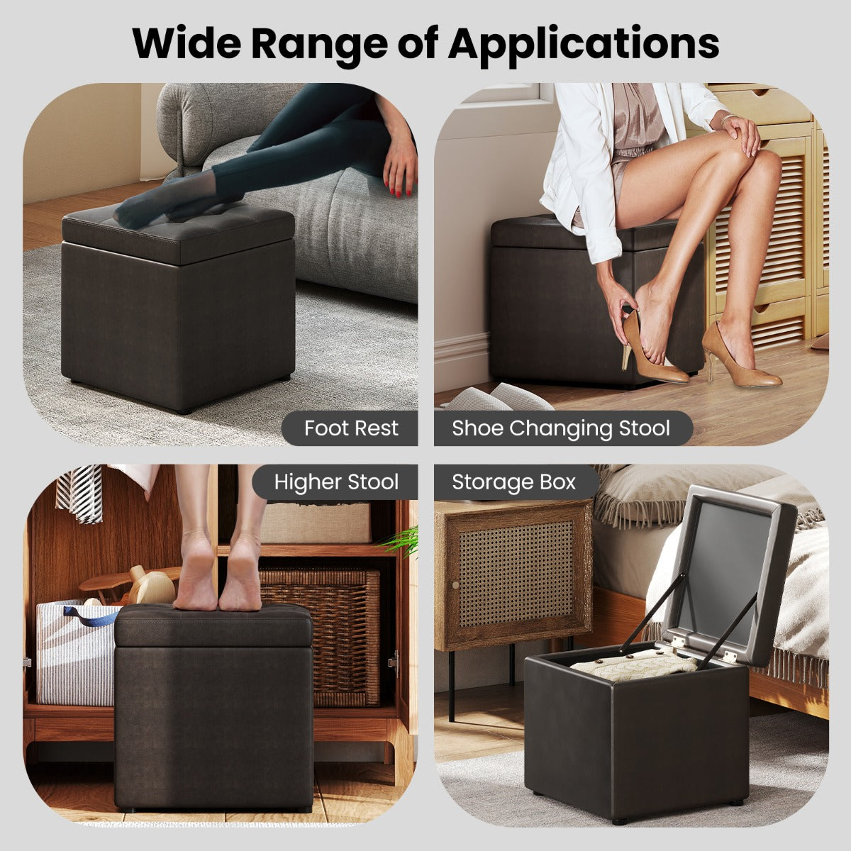 40cm PU Leather Cube Storage Ottoman with Lid-Grey
